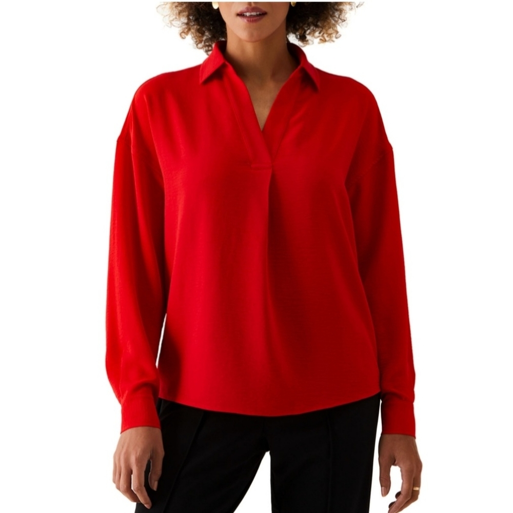 New Women's LARGE Red Rafaella Top Blouse Washed Crepe